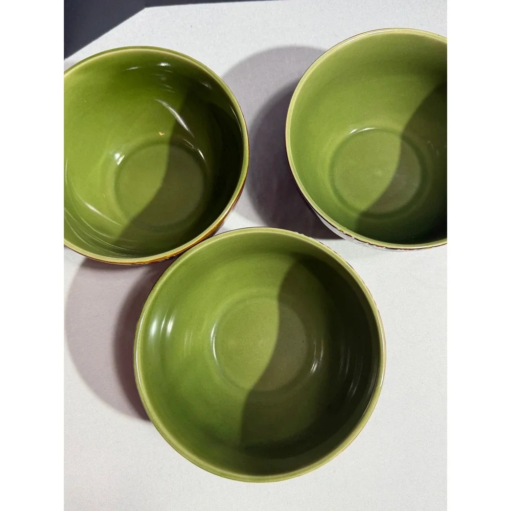 Pier 1 Imports Global Medallion Reactive Stoneware Cereal Bowls Set of 3 Green